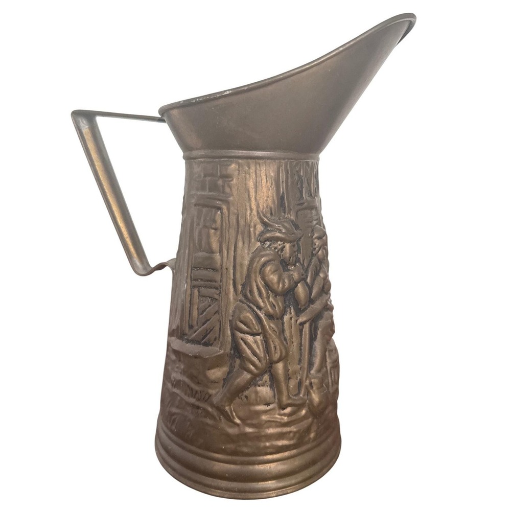 English Brass Pitcher Embossed with Pub Scene Made in England Mid Century‎ MCM